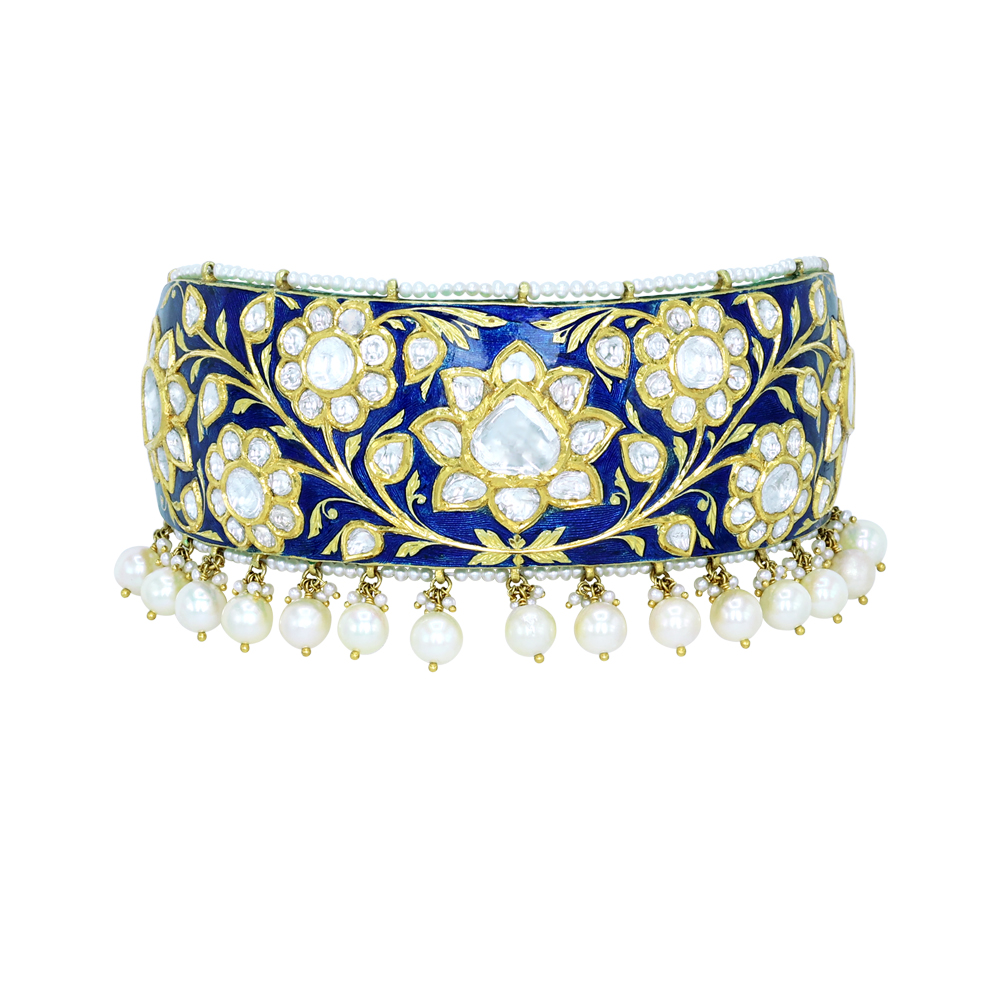 Choker with Blue Enamel, Polki Florals, and Pearl Border